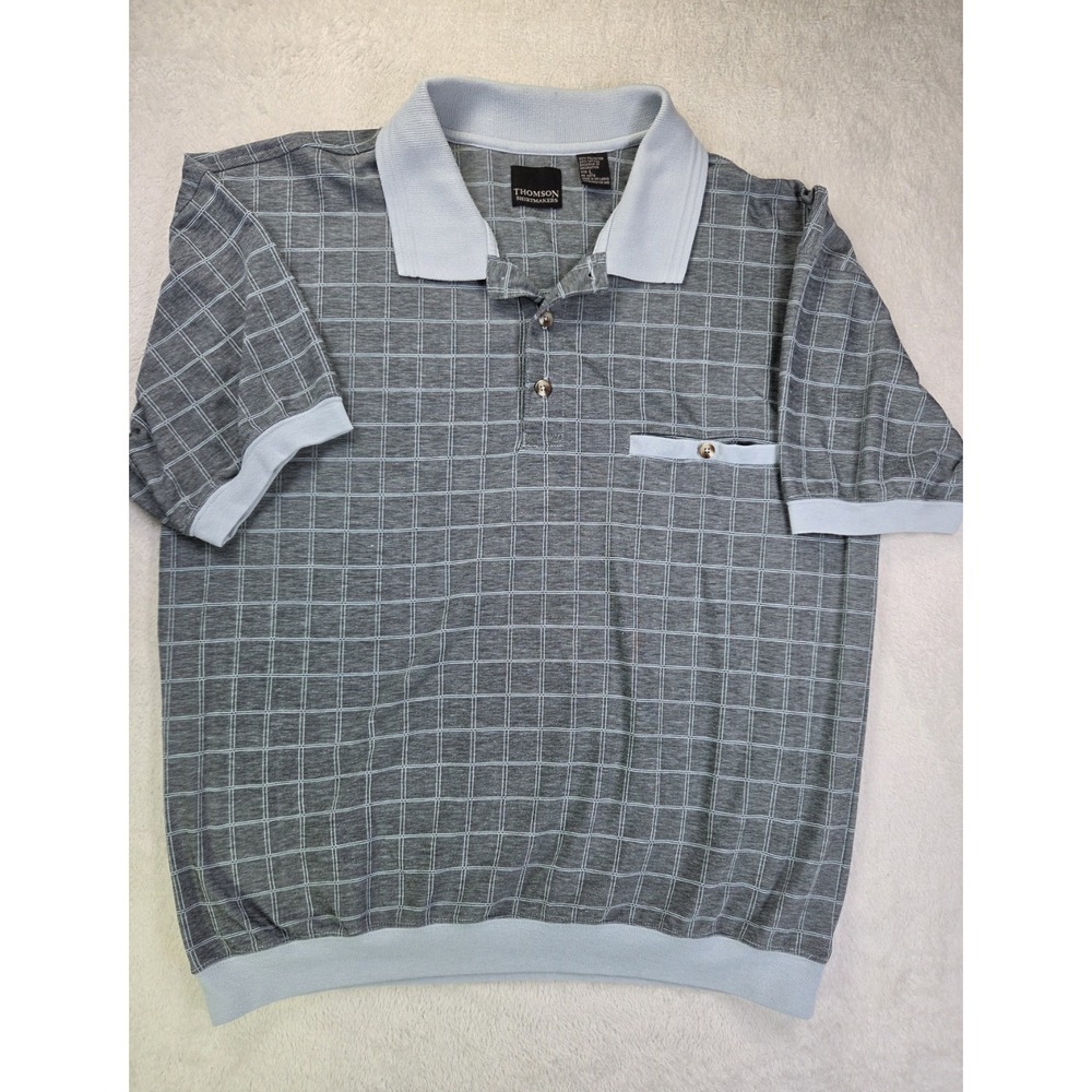 Vintage Thomson Shirtmakers Polo Shirt Mens Large Gray Windowpane Banded...